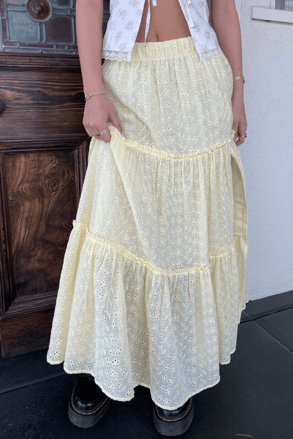 Chic Eyelet Maxi Skirt Featuring Intricate Patterns and Flowing Silhouette