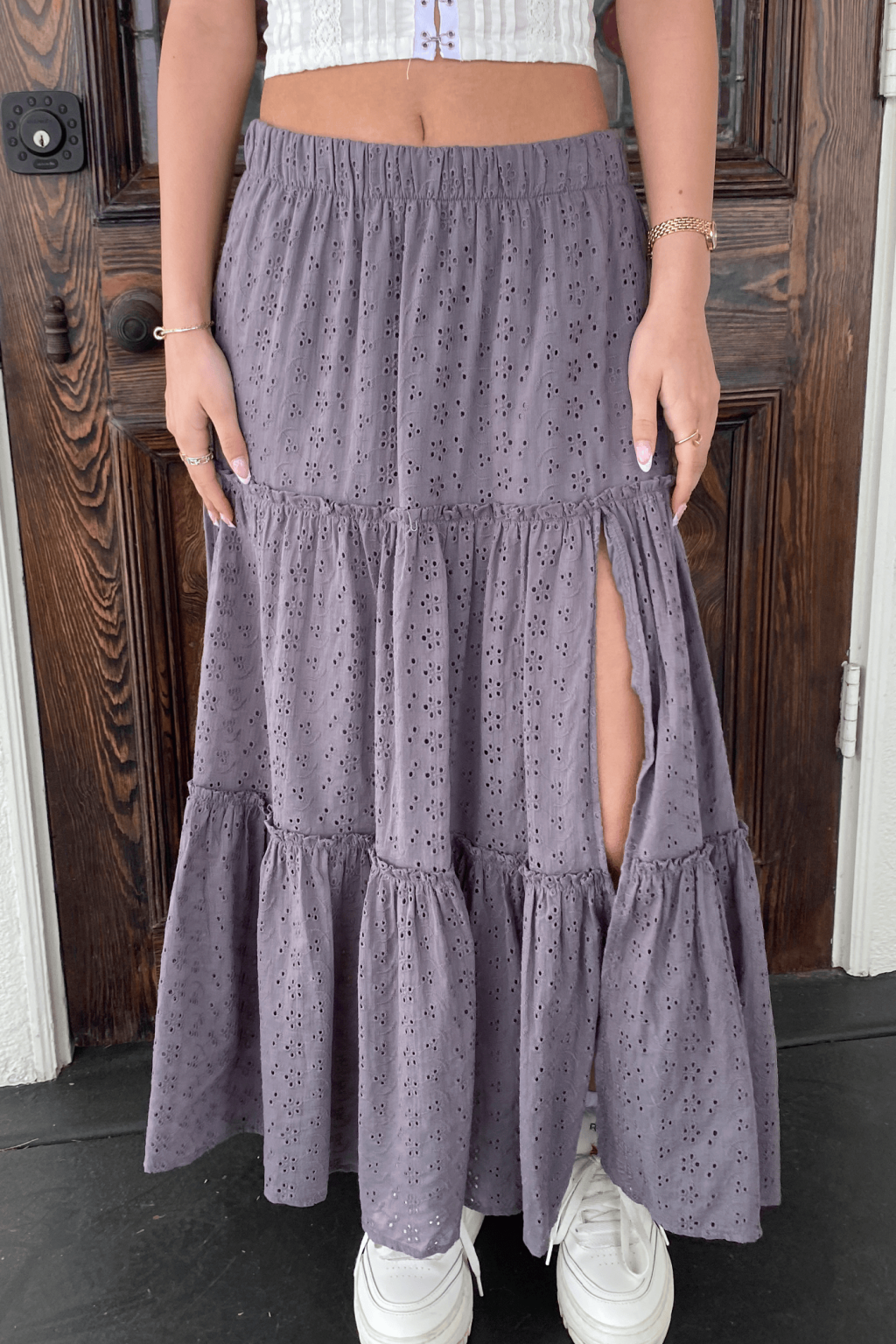 Chic Eyelet Maxi Skirt Featuring Intricate Patterns and Flowing Silhouette