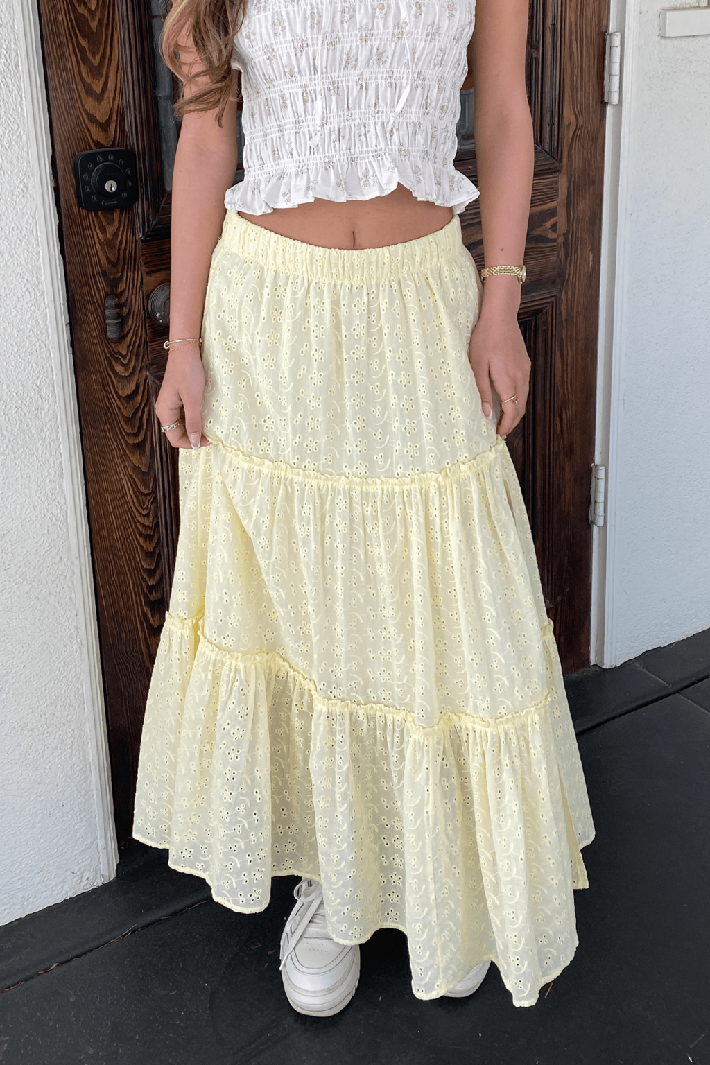 Chic Eyelet Maxi Skirt Featuring Intricate Patterns and Flowing Silhouette
