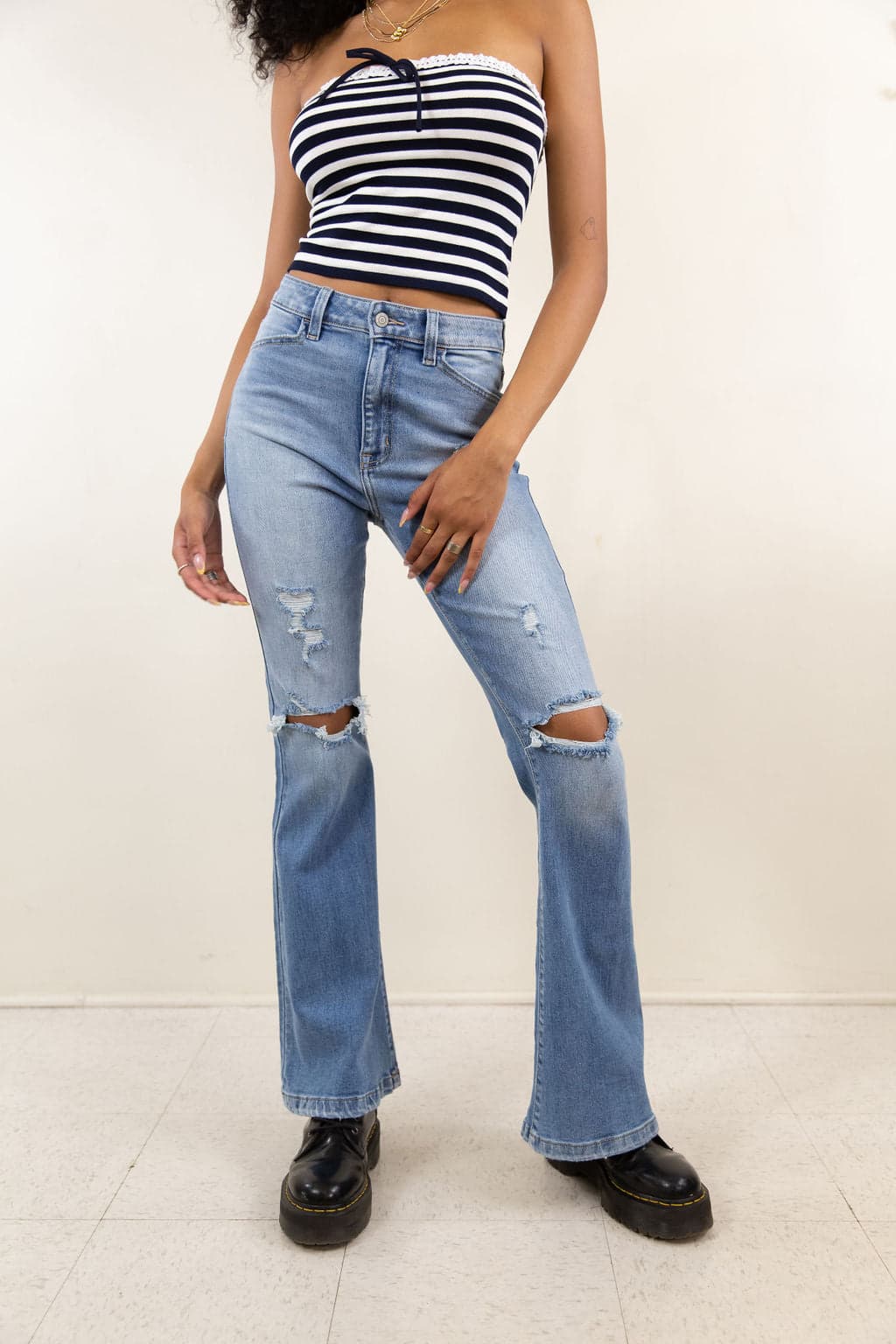 The Olivine Distressed Bootcut Jeans