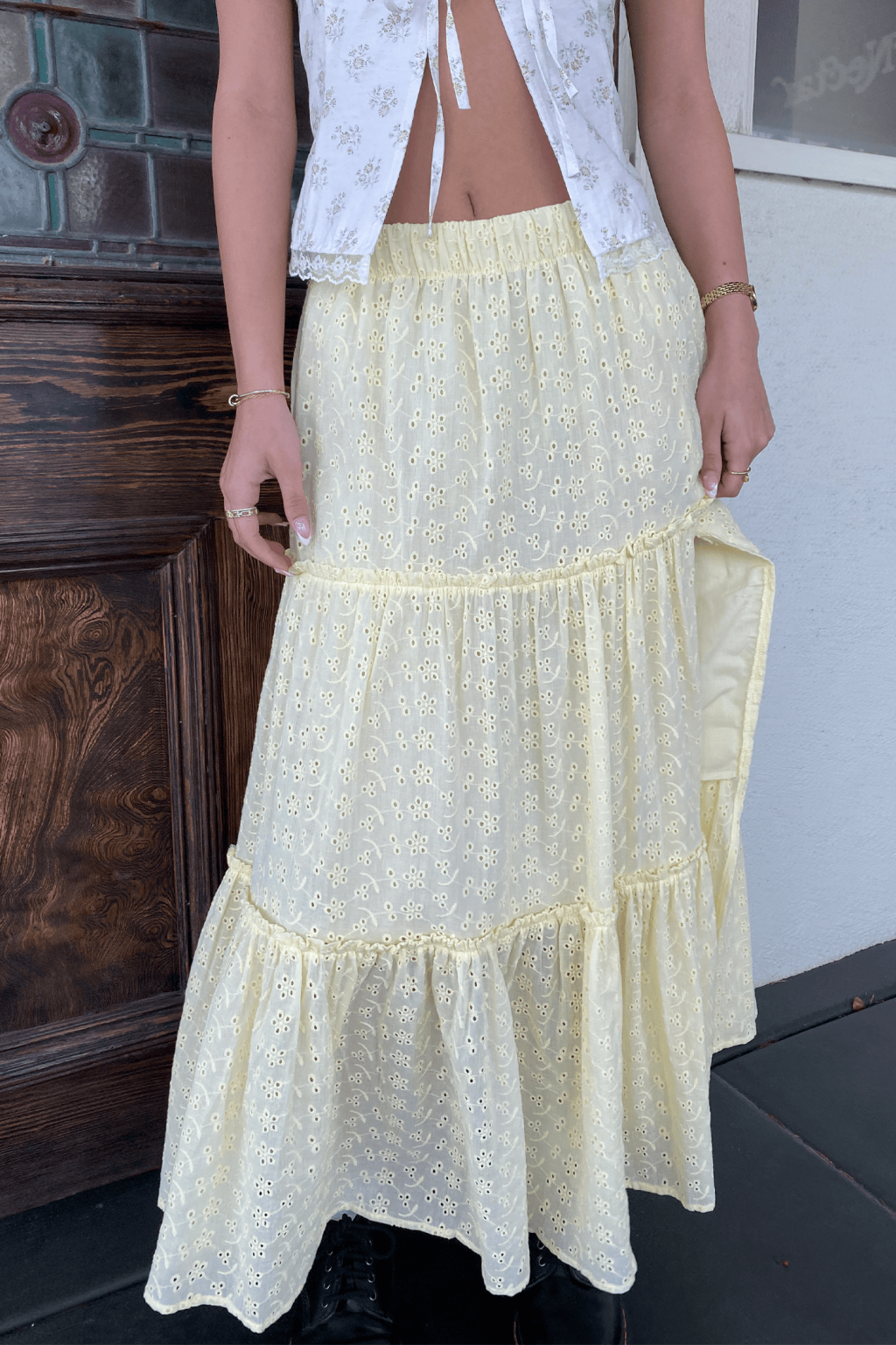 Chic Eyelet Maxi Skirt Featuring Intricate Patterns and Flowing Silhouette