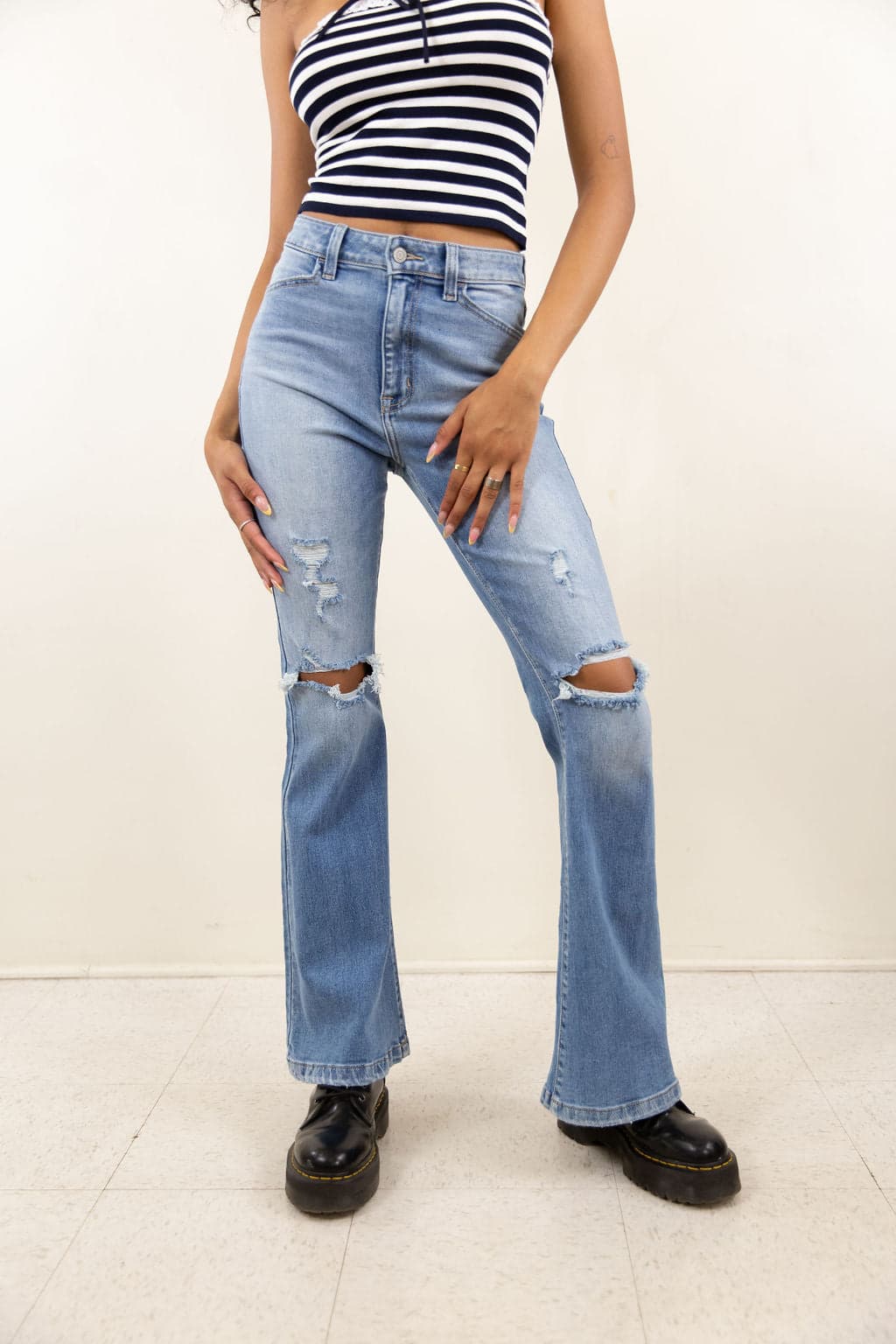 The Olivine Distressed Bootcut Jeans